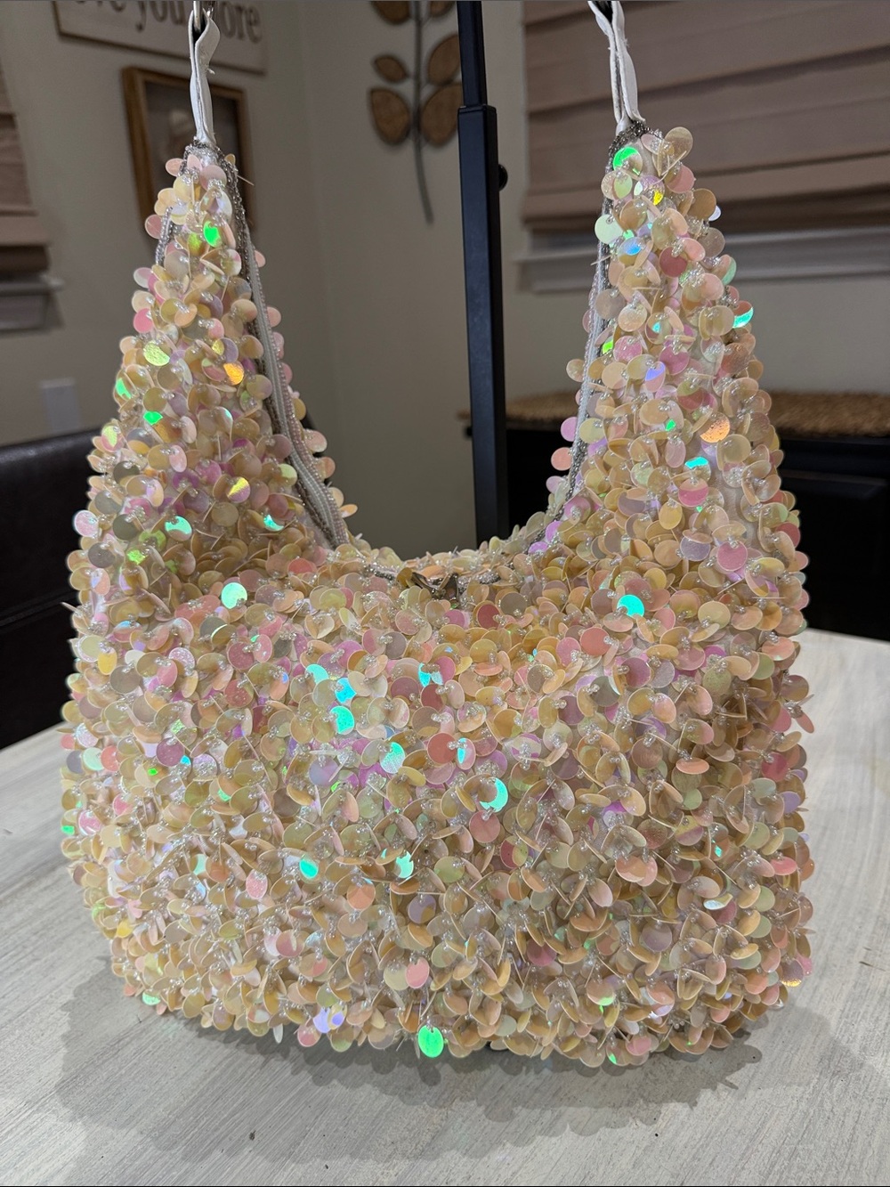 Iridescent Sequin Shoulder Bag in Pink-Cream